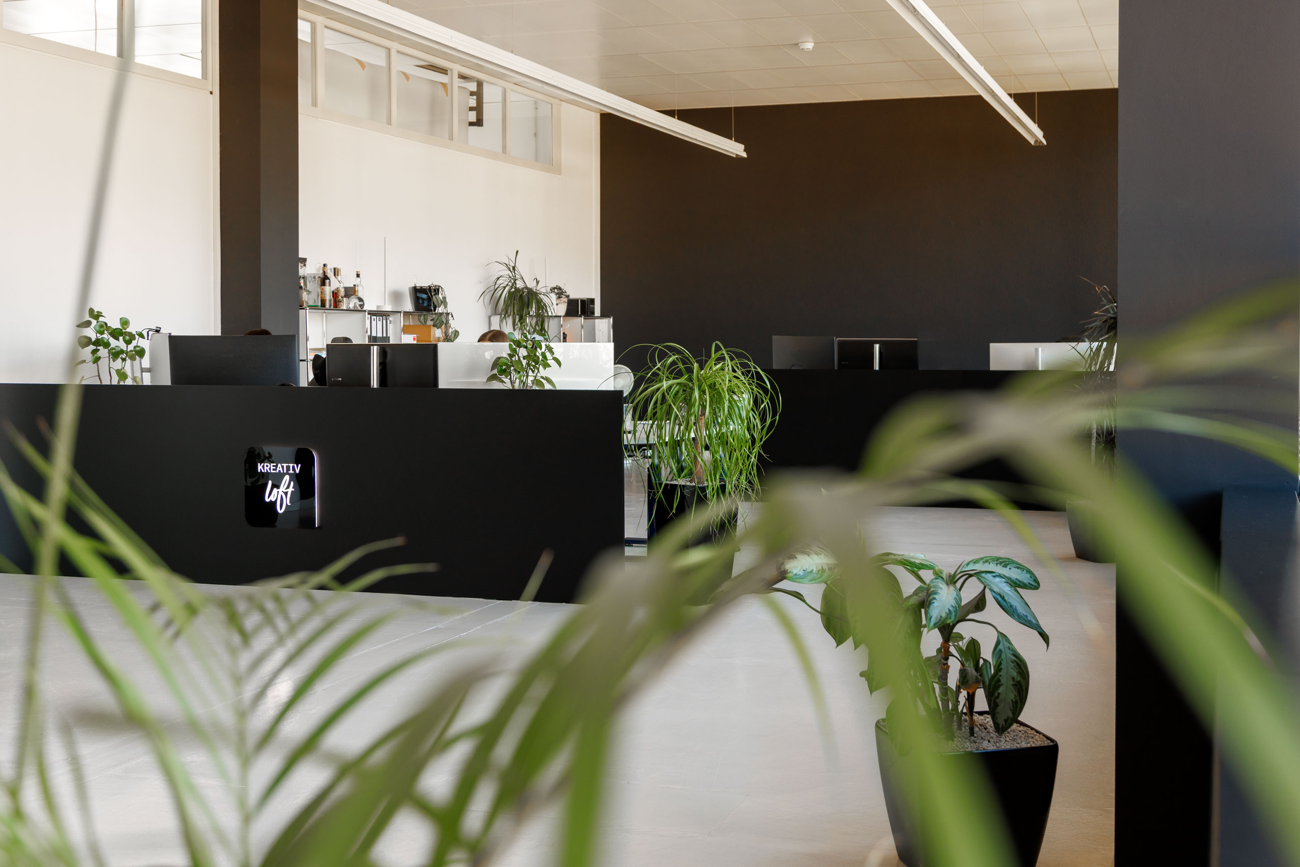 Moderne Büroräumlichkeiten der Kreativloft GmbH Werbeagentur Solothurn mit schwarzem Empfangstresen, Arbeitsplätzen und stilvoller Innenarchitektur.